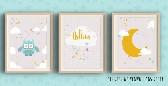 Trio d'affiches Hibou Nuage Etoiles personnalisées pour chambre d'enfant avec prénom