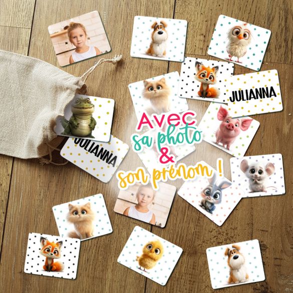 Jeu de mémoire modèle animaux style Pixar personnalisé avec photo & prénom de l'enfant (30 pièces)