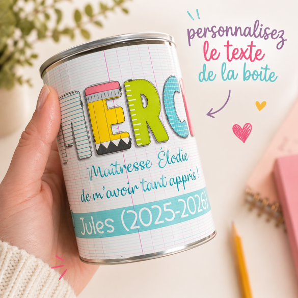 Boîte Surprise conserve personnalisée Merci Maîtresse – cadeau gourmand de fin d’année scolaire avec bonbons