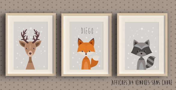 Trio d'ffiches Renard - cerf - blaireau personnalisées pour chambre d’enfant avec prénom