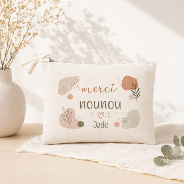 Pochette en coton zippée personnalisée Merci Nounou – Cadeau nounou personnalisé avec prénom