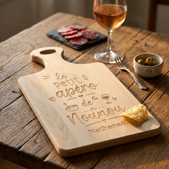 Planche à découper en bois personnalisée « Le petit apéro de Nounou » | Cadeau apéro gravé avec prénom de l'enfant