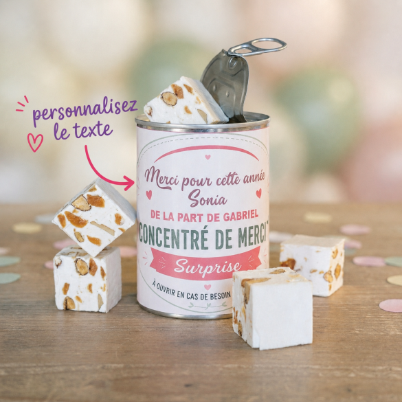 Boite de conserve remplie de Nougats (150g) 'Concentré de Mercis" | Cadeau original Maître - Maîtresse - Atsem