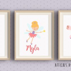Trio d'affiche féé licorne crapaud personnalisées pour chambre d’enfant avec prénom