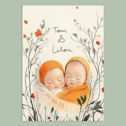 Affiche ou Plaque alu murale de Naissance Jumeaux Personnalisée - Calligraphie Artisanale à la Main -Décoration murale Tableau naissance