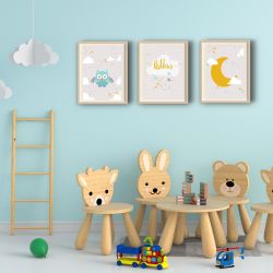 Trio d'affiches Hibou Nuage Etoiles personnalisées pour chambre d'enfant avec prénom