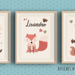 Trio d'affiches thème Cerf Renard Chouette & écureuil personnalisées pour chambre d'enfant avec prénom