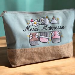 Pochette brodée coton et jute  pour maîtresse, atsem, AVS, AESH, nounou