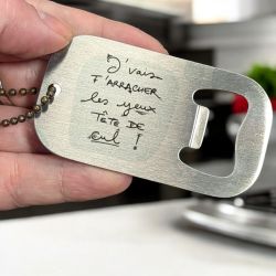 Porte clés décapsuleur en Inox "j'vais t'arracher les yeux tête de cul !" 