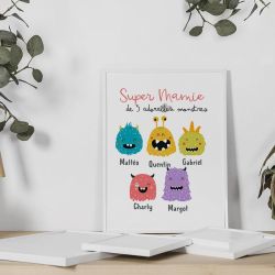 Affiche personnalisée Super Mamie | Cadeau mamie original de 1 à 6 petits-enfants