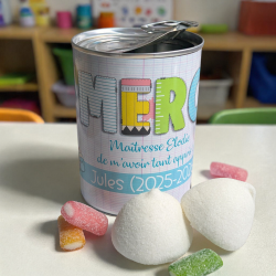 Boîte Surprise conserve personnalisée Merci Maîtresse – cadeau gourmand de fin d’année scolaire avec bonbons