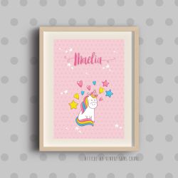 Affiche licorne rose personnalisée pour chambre d’enfant avec prénom