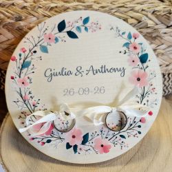 Plateau porte alliances mariage bois imprimé, couronne de fleurs personnalisé
