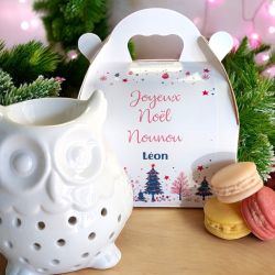 Box personnalisable de Noêl brûleur de parfum Chouette + fondants macarons Orange épicée