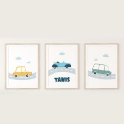 Trio d'affiches Voitures personnalisées pour chambre d'enfant avec prénom