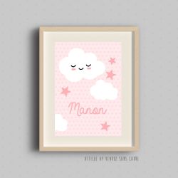Affiche Nuage Rose personnalisée pour chambre d’enfant avec prénom