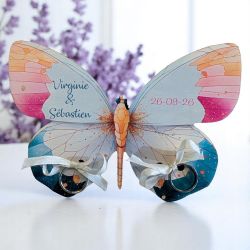 Plateau porte alliances mariage bois imprimé, papillon