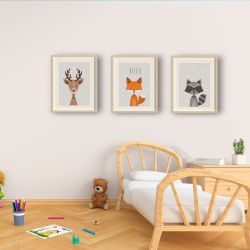 Trio d'ffiches Renard - cerf - blaireau personnalisées pour chambre d’enfant avec prénom