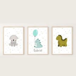 Trio d'affiches Dinosaures personnalisées pour chambre d'enfant avec prénom