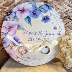 Plateau porte alliances mariage bois imprimé, couronne de fleurs mauves  personnalisé